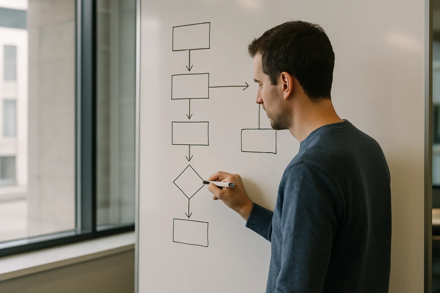 Un entrepreneur réfléchit à son workflow sur un tableau blanc avant d'intégrer N8N pour optimiser son ROI en PME.