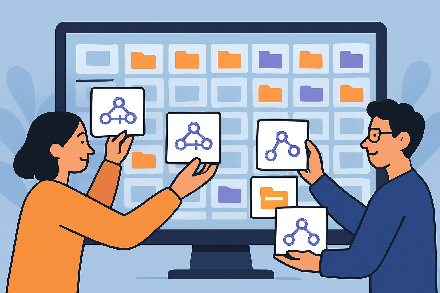 Illustration du partage de workflows n8n comme la creation d'une bibliotheque de capital interne pour l'entreprise.