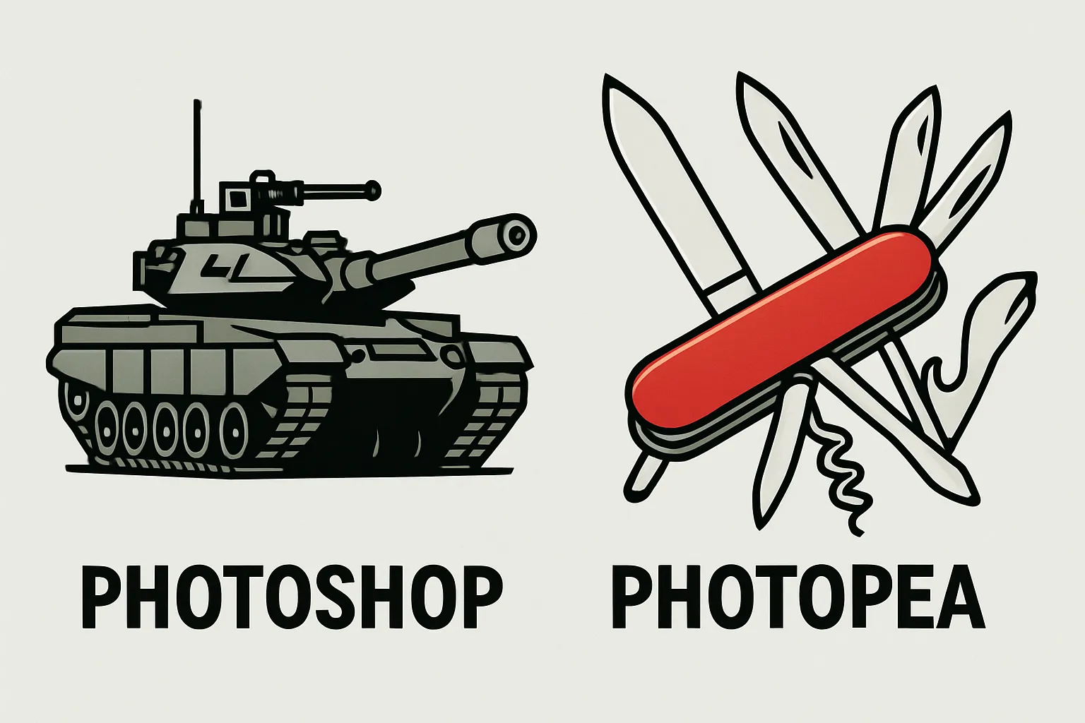 Infographie comparant Photopia, le couteau suisse simple et efficace, à Photoshop, le logiciel complexe et puissant. Le couteau suisse illustre l'agilité et la rapidité pour les besoins PME, tandis que l'outil lourd représente la puissance pour les experts.