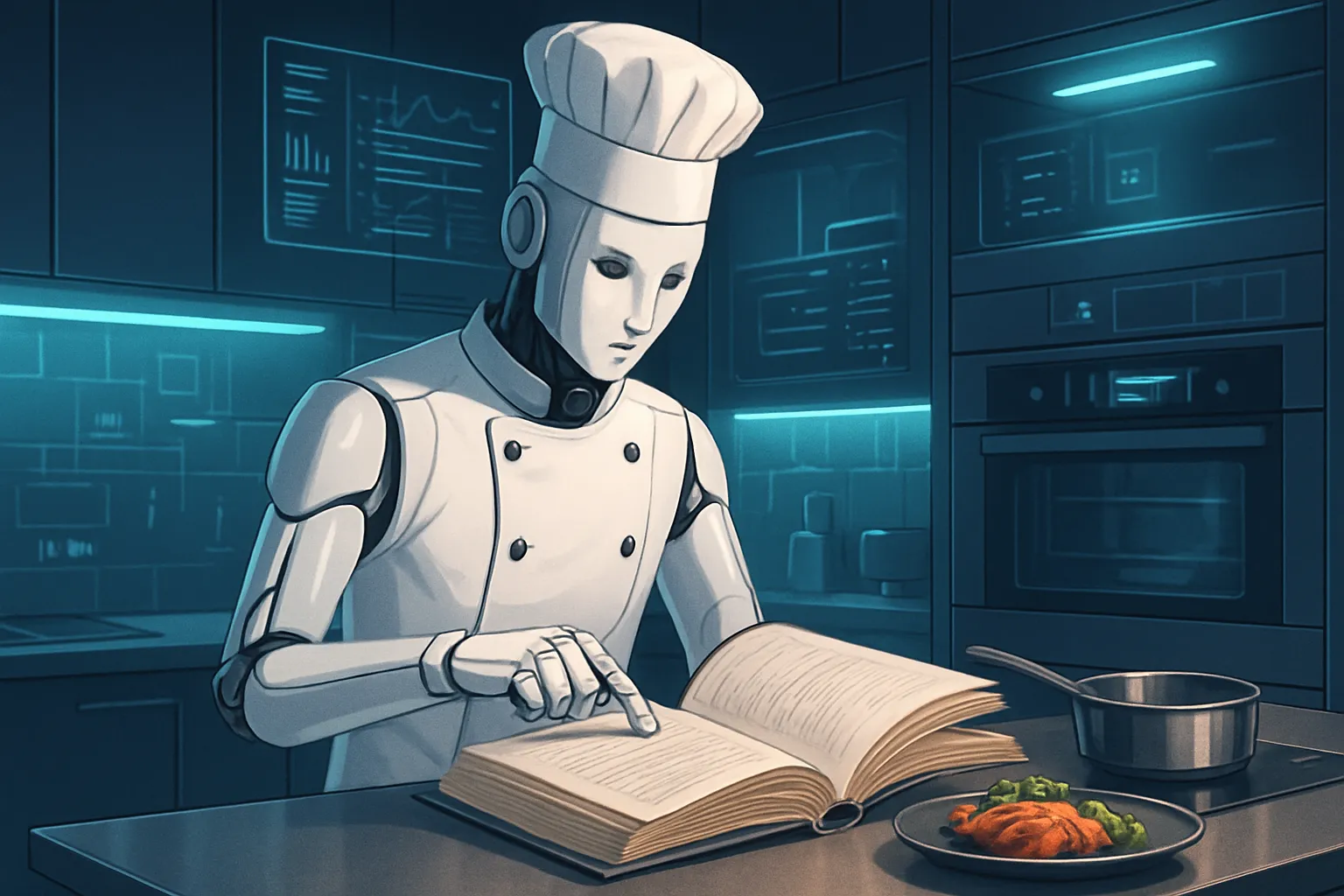 Métaphore : un chef cuisinier IA avec un livre de recettes d'entreprise, illustrant le RAG workflow qui permet à l'IA d'utiliser vos données spécifiques pour générer des réponses pertinentes.