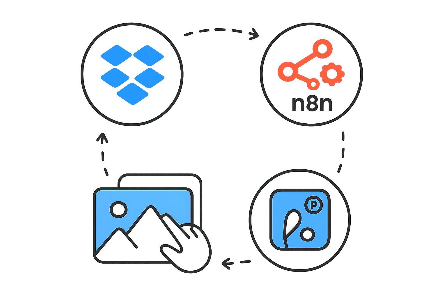 Schéma clair d'un flux de travail automatisé associant Photopia et N8N. Les étapes montrent la réception, le traitement, l'optimisation et l'intégration des visuels marketing au sein d'un processus optimisé pour les PME.