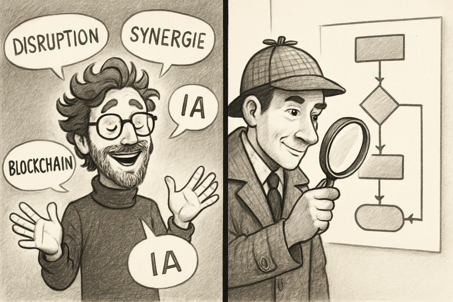 Comparaison entre un faux prophète de l'IA et un vrai consultant IA qui analyse les faits